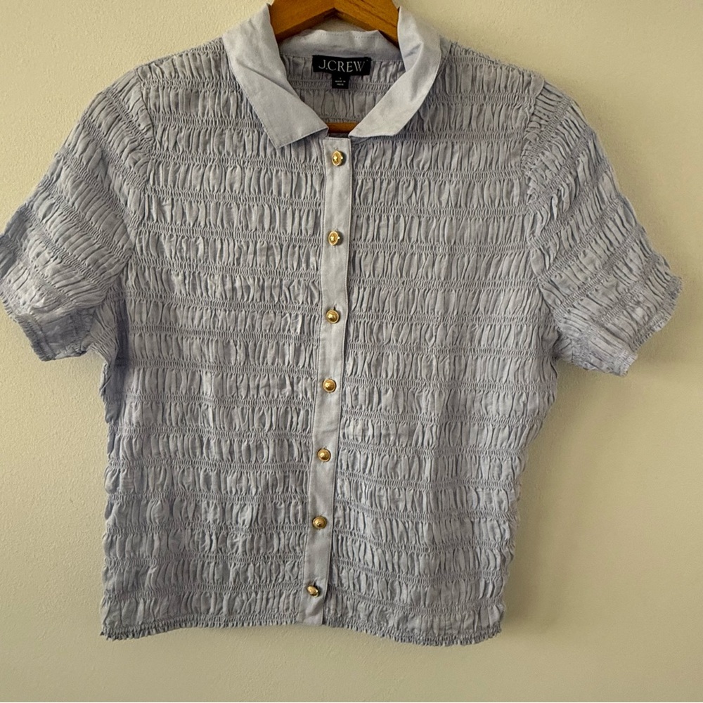 J.Crew NWT Smocked Button-up Short Sleeve Shirt Light Blue Size Large